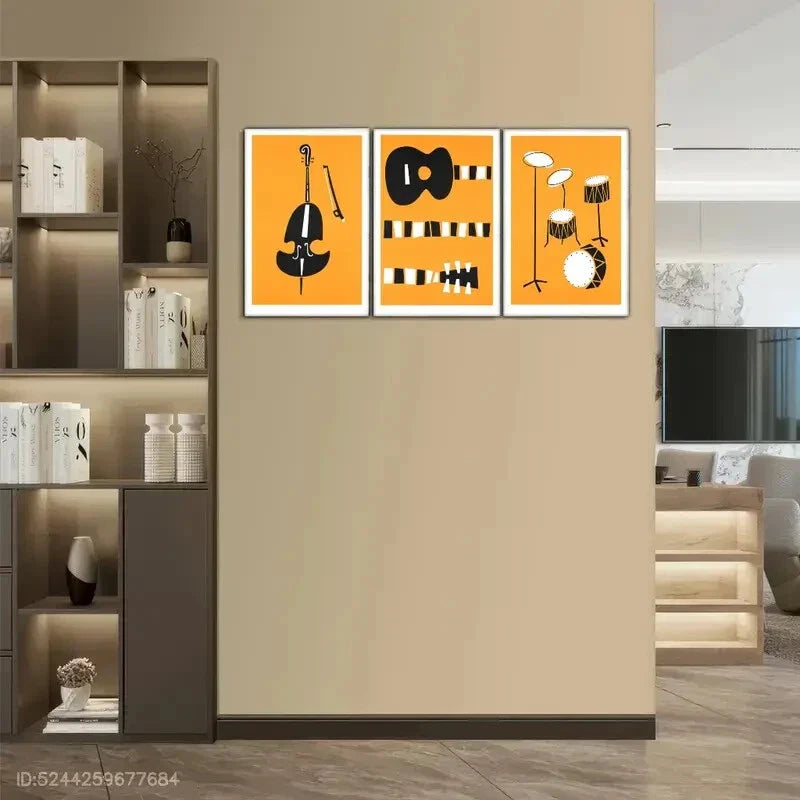 3pcs Featuring Guitar Drum Set And Double Bass Metal Print Ready to Hang Art