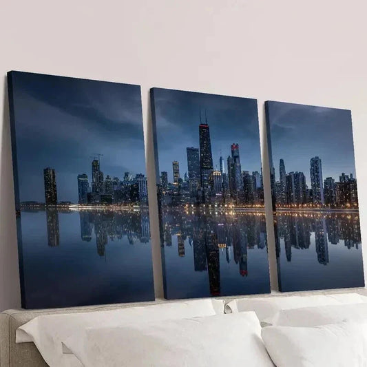 3pcs Ocean Reflection of Cityscape Skyline Wall Art Set Canvas Framed 40x60cm - High Quality Print 100% Australian Made Wall Canvas Ready to Hang