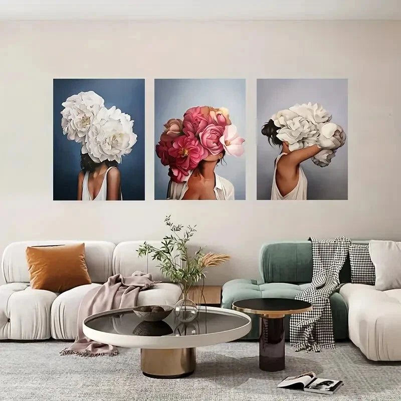 3pcs Unique Creative Head Flower Women Metal Print Ready to Hang Art