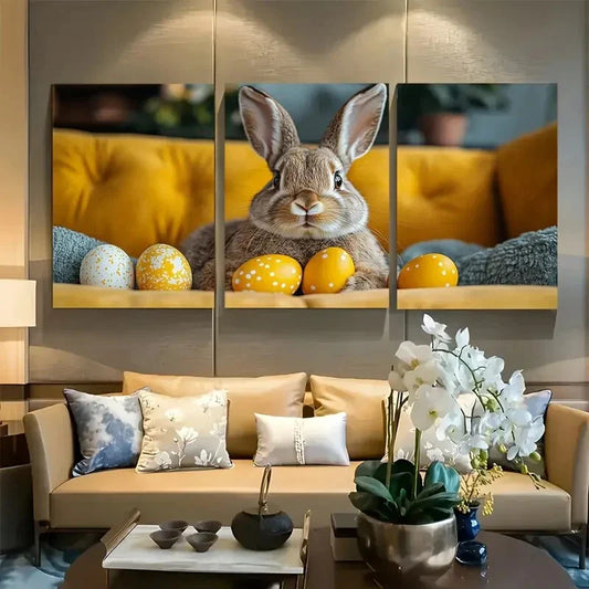 3pcs Whimsical Easter Bunny Holding Colorful Eggs Metal Print Ready to Hang Art