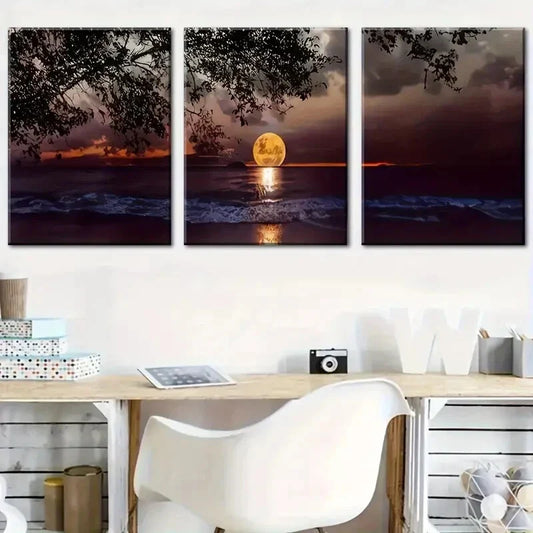 3pcs Moon Over the Sea Landscape Poster Art Metal Print Ready to Hang Art