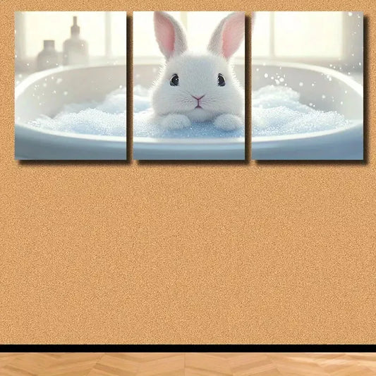 3pcs Rabbit in Bathtub Canvas Framed 40x60cm - High Quality Print 100% Australian Made Wall Canvas Ready to Hang