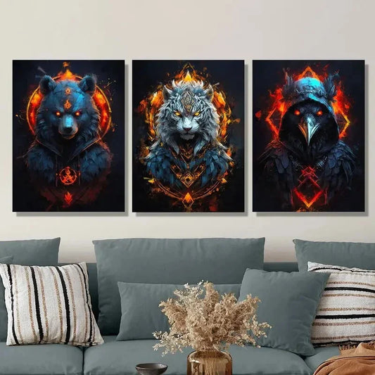 3pcs red flaming white tiger, Black bear, crow Metal Print Ready to Hang Art