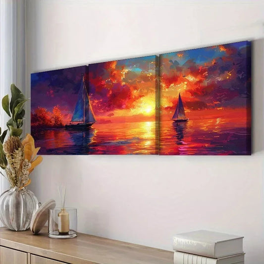3pcs Little White Boat In The Ocean Nature Wall Art Set Canvas Framed 40x60cm - High Quality Print 100% Australian Made Wall Canvas Ready to Hang