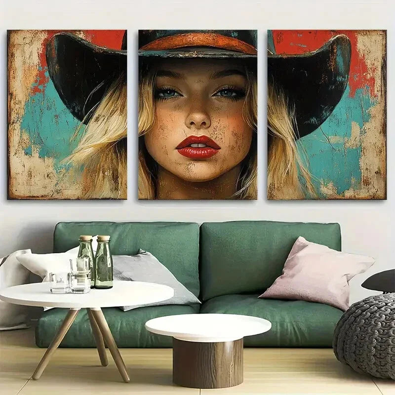 3pcs Bold Red Lips Black Hat Blonde Hair Cowgirl Metal Print Ready to Hang Art