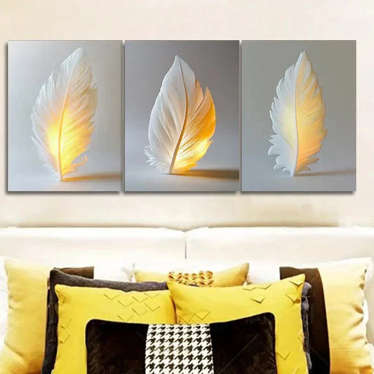 3pcs Feathers that glow Wall Art Set Canvas Framed 40x60cm - High Quality Print 100% Australian Made Wall Canvas Ready to Hang