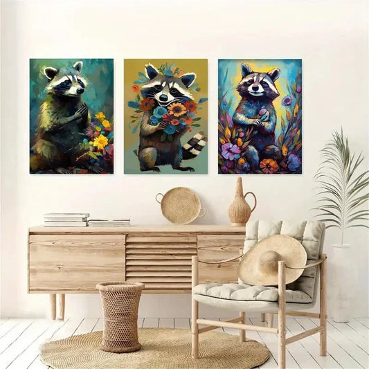3pcs Featuring Raccoons Humorous Animal Metal Print Ready to Hang Art