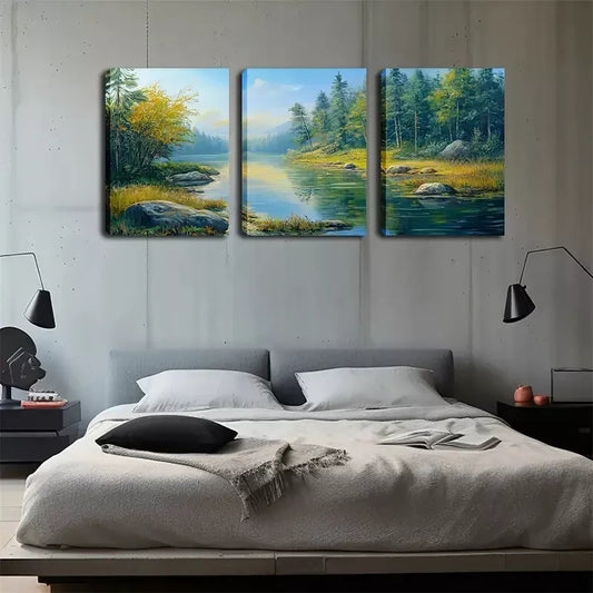 3pcs Spring Stream Landscape with Autumn Leaves, Wall Art Set Canvas Framed 40x60cm - High Quality Print 100% Australian Made Wall Canvas Ready to Hang