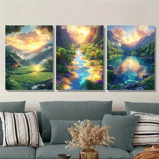3pcs beautiful scenery of waterfalls and flowers Metal Print Ready to Hang Art
