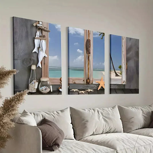 3pcs Beach Starfish Seashells Canvas Framed 40x60cm - High Quality Print 100% Australian Made Wall Canvas Ready to Hang