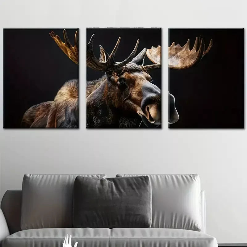 3pcs Retro Simple Elk Animal in Dark Black Wall Art Set Canvas Framed 40x60cm - High Quality Print 100% Australian Made Wall Canvas Ready to Hang