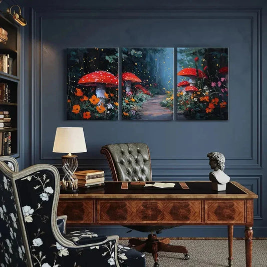 3pcs Enchanted Forest Pathway Red Mushrooms Metal Print Ready to Hang Art
