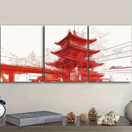 3pcs Chinese-style tower, Wall Art Set Canvas Framed 40x60cm - High Quality Print 100% Australian Made Wall Canvas Ready to Hang