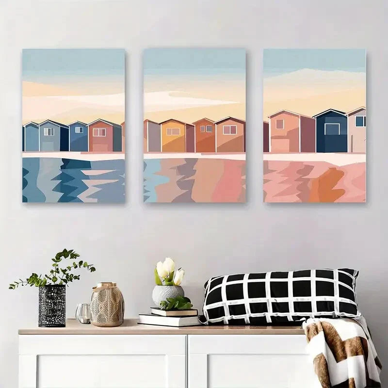 3pcs Modern Coastal Beach Houses Geometric Metal Print Ready to Hang Art