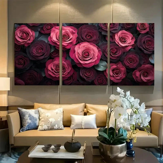3pcs Burgundy Roses Floral Arrangement Metal Print Ready to Hang Art