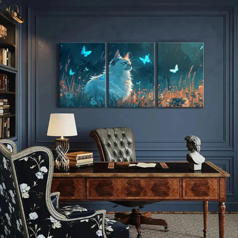 3pcs Serene Cat & Butterfly Design Metal Print Ready to Hang Art