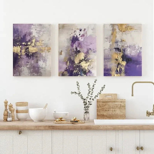 3pcs Green, Purple & Golden Abstract Floral Metal Print Ready to Hang Art