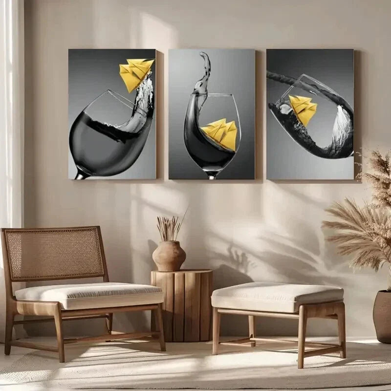 3pcs Black White Yellow Wine Glass Painting Metal Print Ready to Hang Art