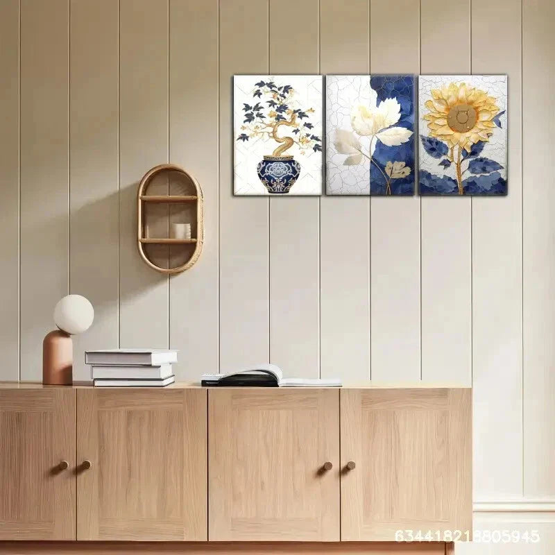 3pcs Sunflowers, leaves, potted plants Metal Print Ready to Hang Art