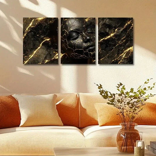 3pcs Split Face with Golden Accents Design Metal Print Ready to Hang Art
