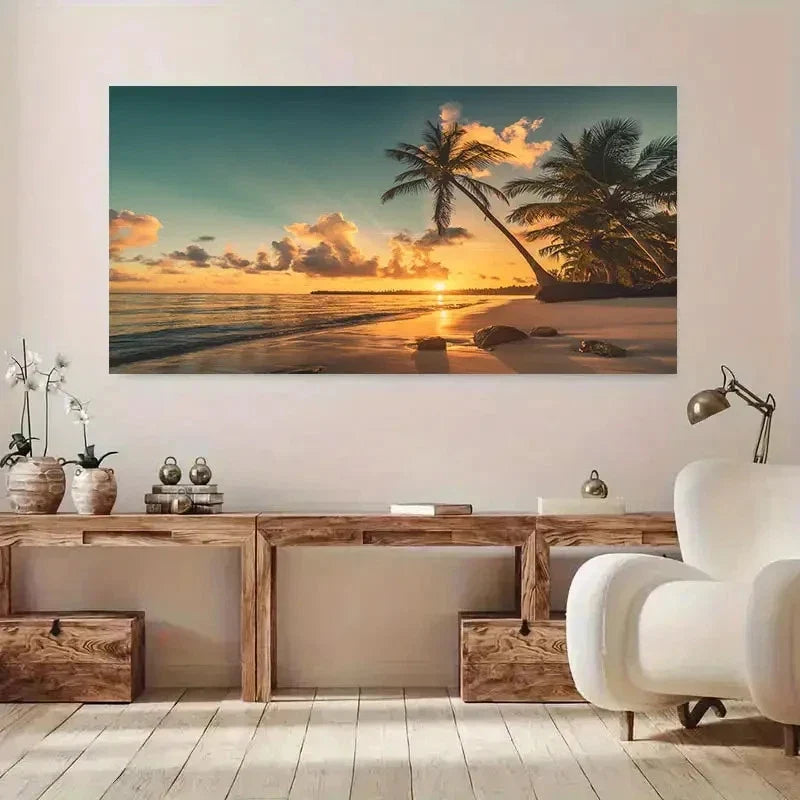 Vibrant Ocean Sunset & Palm Wall Art Canvas Office Home Room Framed 120x60cm