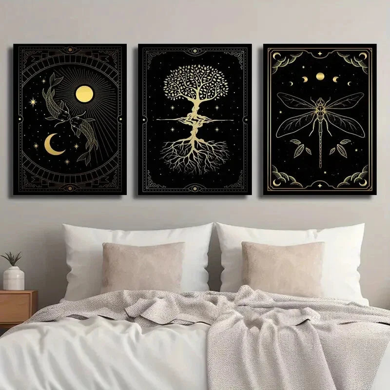 3pcs Magician Card Goldfish Sun Moon And Tree Metal Print Ready to Hang Art