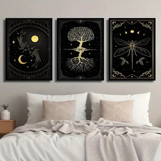 3pcs Magician Card Goldfish Sun Moon And Tree Metal Print Ready to Hang Art