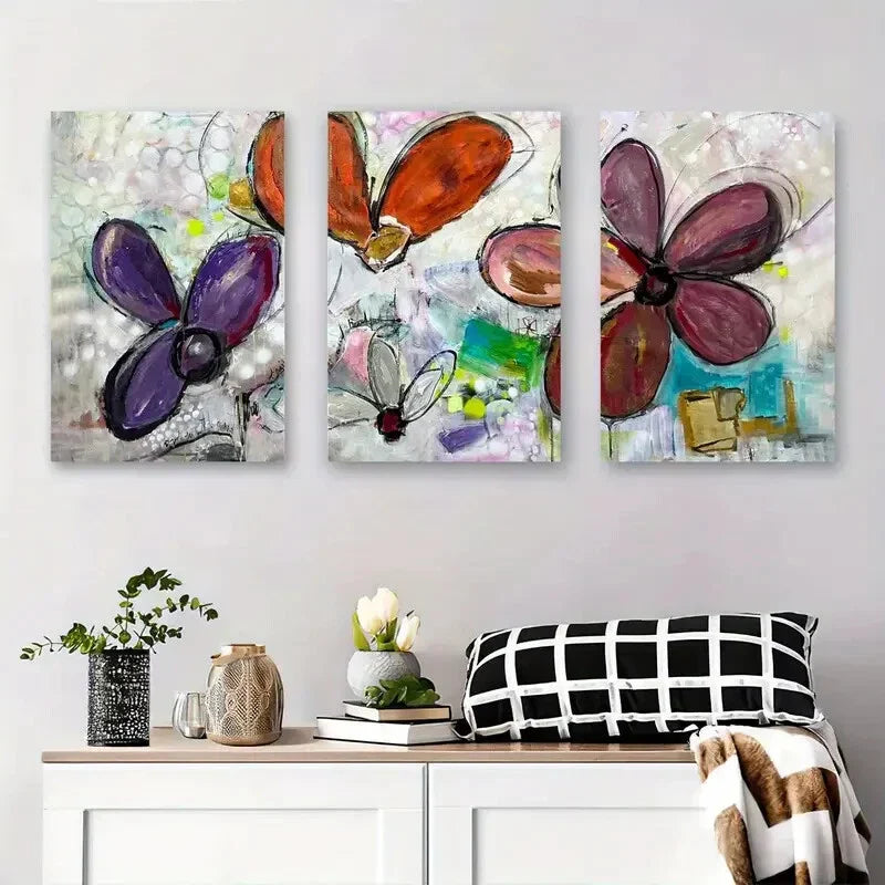 3pcs Colorful Flower Painting with Bold Metal Print Ready to Hang Art