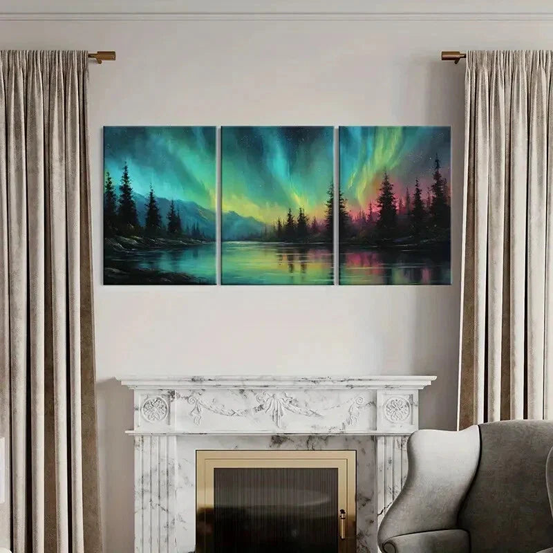 3pcs Northern Lights Landscape Forest Reflection Metal Print Ready to Hang Art