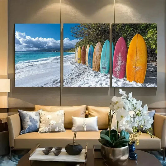3pcs Vibrant Surfboards On A Snowy Beach Metal Print Ready to Hang Art