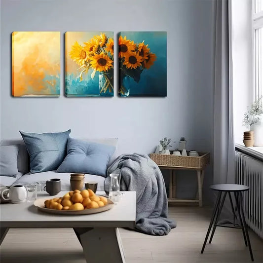 3pcs Sunflowers in Glass Vases Wall Art Set Canvas Framed 40x60cm - High Quality Print 100% Australian Made Wall Canvas Ready to Hang