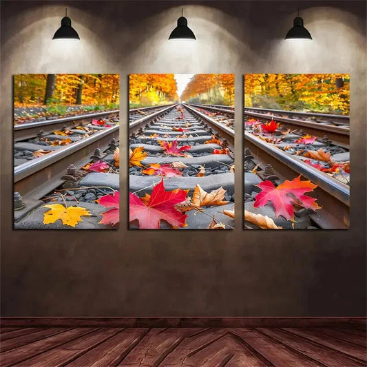 3pcs Autumn Leaves on Old Railway Track Metal Print Ready to Hang Art