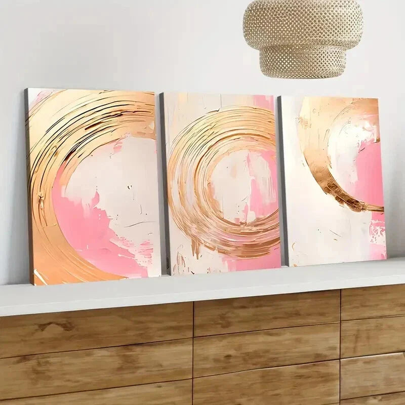 3pcs Trendy Abstract Art Pink Golden Rounds Wall Art Set Canvas Framed 40x60cm - High Quality Print 100% Australian Made Wall Canvas Ready to Hang
