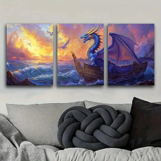 3pcs Blue Dragon on Boat Classic Modern Metal Print Ready to Hang Art