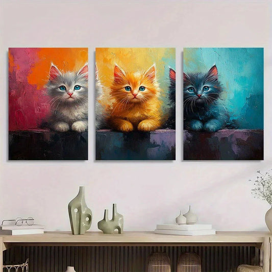 3pcs Vibrant Cat Kitten Blue and Pink Metal Print Ready to Hang Art