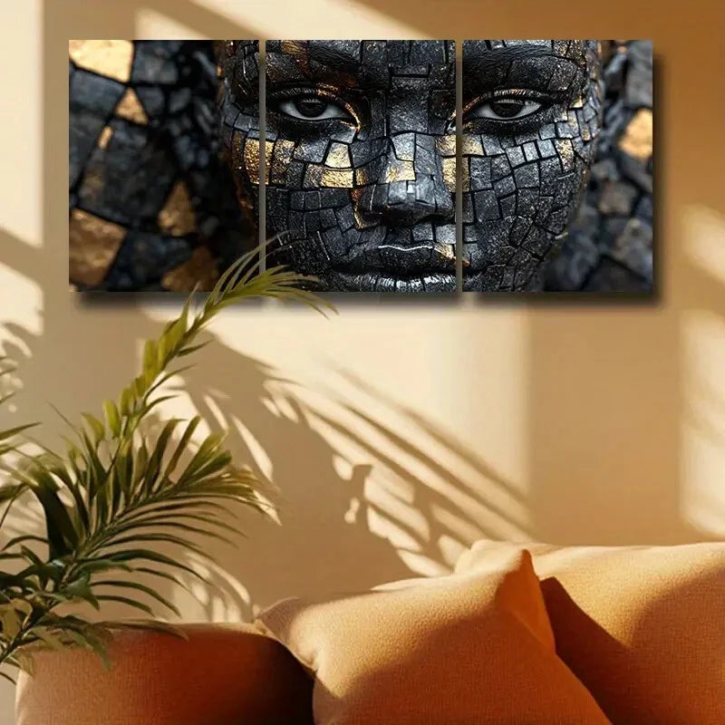 3pcs Face with Golden & Black Geometric Patterns Metal Print Ready to Hang Art
