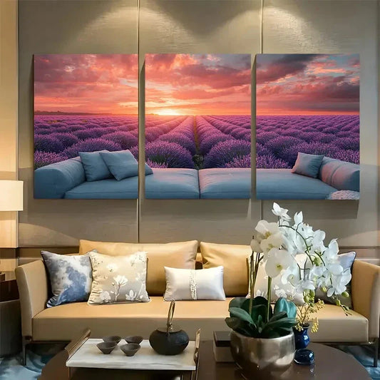 3pcs Lavender Fields at Dawn Metal Print Ready to Hang Art