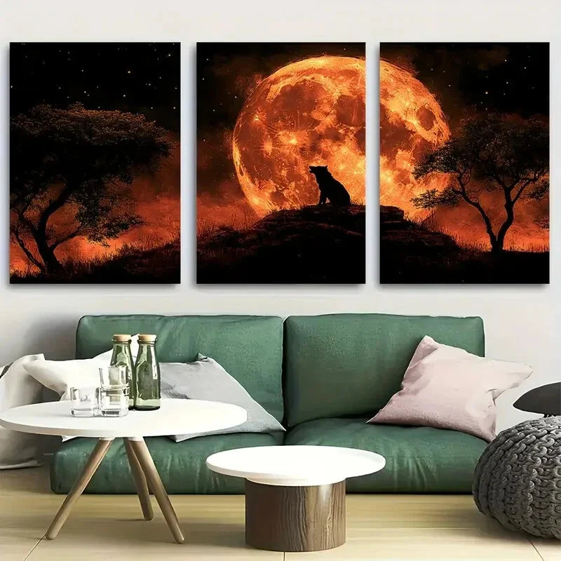 3pcs Wolf Sitting On Hill Howling at Full Moon Metal Print Ready to Hang Art