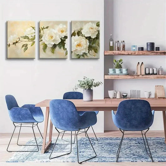 3pcs Elegant White Peony Floral Canvas Wall Art Metal Print Ready to Hang Art