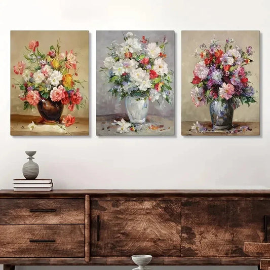 3pcs Vase And Pink, Red, Purple, And White Flower Wall Art Set Canvas Framed 40x60cm - High Quality Print 100% Australian Made Wall Canvas Ready to Hang