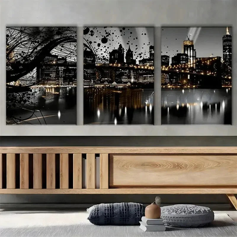 3pcs Night View Sky line Black City Metal Print Ready to Hang Art