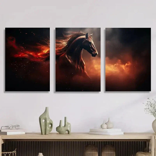3pcs Horse running in flames, animal theme, Metal Print Ready to Hang Art