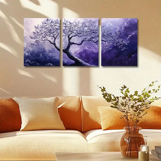 3pcs Purple and White Tree Metal Print Ready to Hang Art