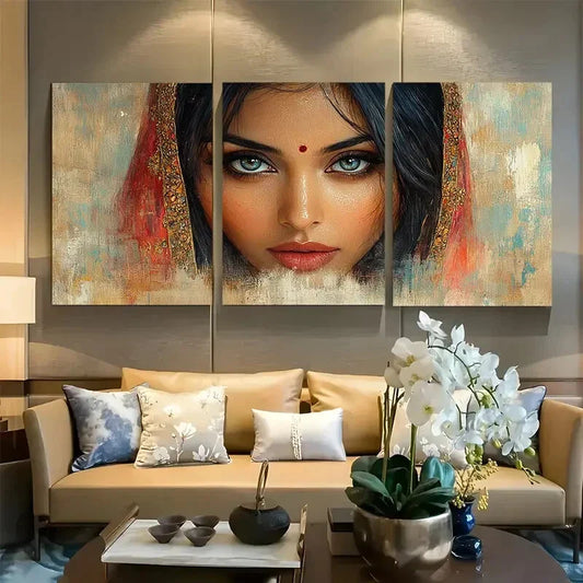 3pcs Traditional South Asian Woman Portrait Metal Print Ready to Hang Art