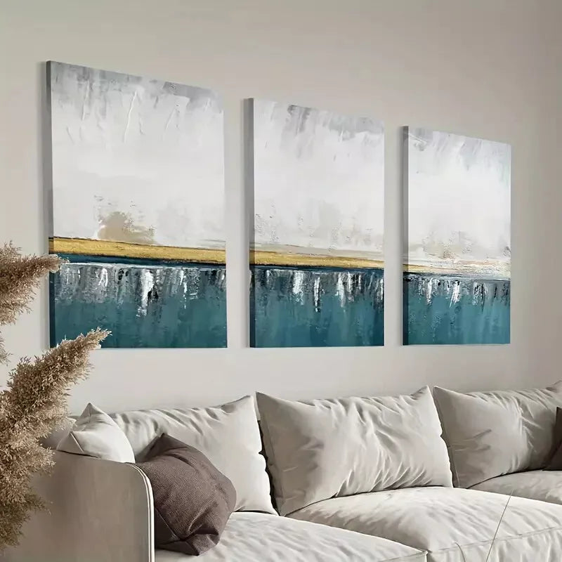 3pcs White Gold & Blue Abstract Design Canvas Framed 40x60cm - High Quality Print 100% Australian Made Wall Canvas Ready to Hang