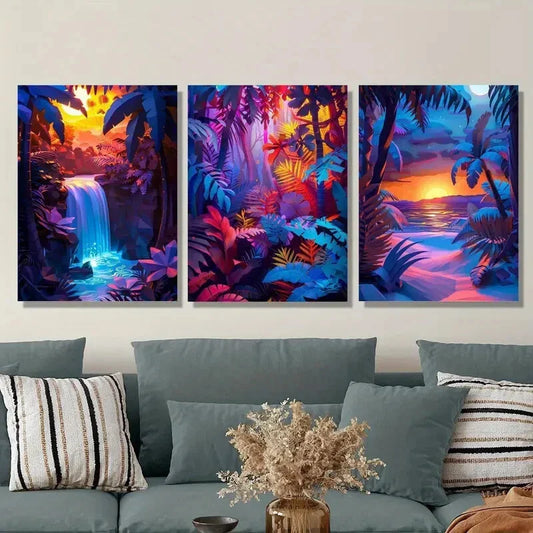 3pcs Tropical Waterfall, Jungle Sunset Metal Print Ready to Hang Art