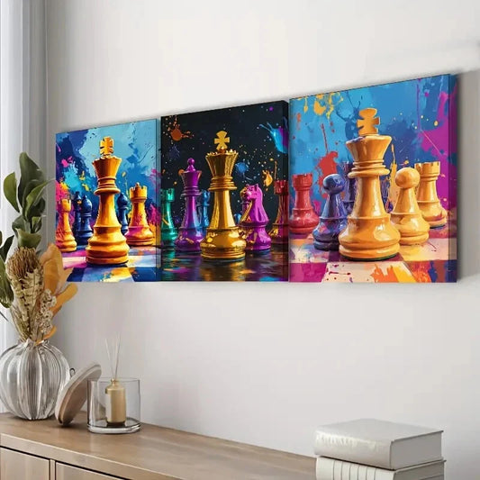 3pcs Digital Illustration of a Chess Piece Wall Art Set Canvas Framed 40x60cm - High Quality Print 100% Australian Made Wall Canvas Ready to Hang