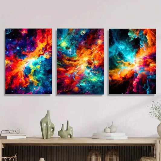 3pcs Abstract Colorful Space Stars Metal Print Ready to Hang Art