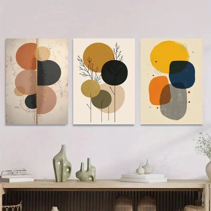 3pcs Colorful Geometric Golden Glitter Accents Metal Print Ready to Hang Art