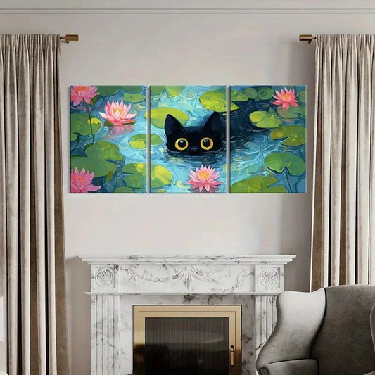 3pcs Black Cat in Lotus Pond Water Lily Abstract Metal Print Ready to Hang Art
